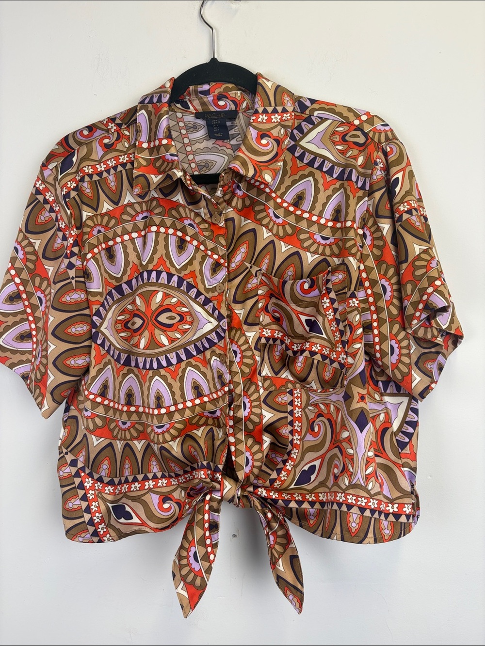 Rachel Roy Retro Psychedelic Tie Front Blouse Top Large Boho Mod Festival